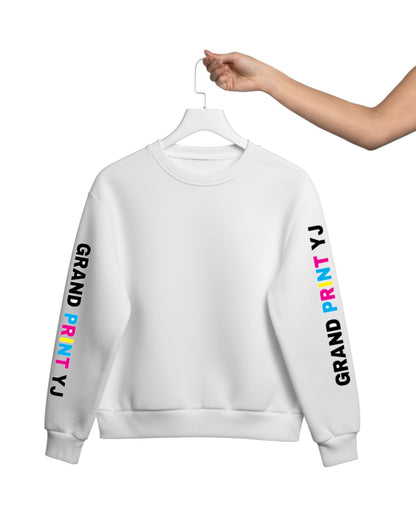 White sweatshirt with colorful text on sleeves, held up on a hanger against a white background.