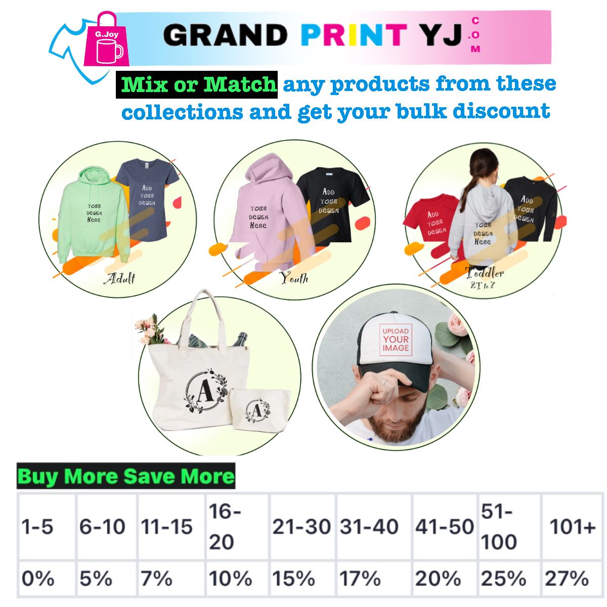 Promotional graphic for Grand Print YJ with product images and discount table.