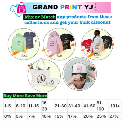Promotional graphic for Grand Print YJ with product images and discount table.