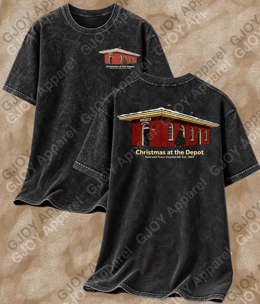 Christmas at the depot - Vintage Acid Wash T-Shirt | Railroad Town Clayton Unisex Oversized Graphic Tee