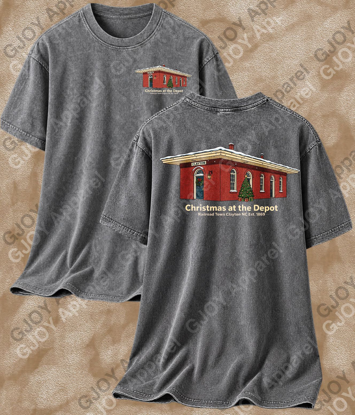 Christmas at the depot - Vintage Acid Wash T-Shirt | Railroad Town Clayton Unisex Oversized Graphic Tee