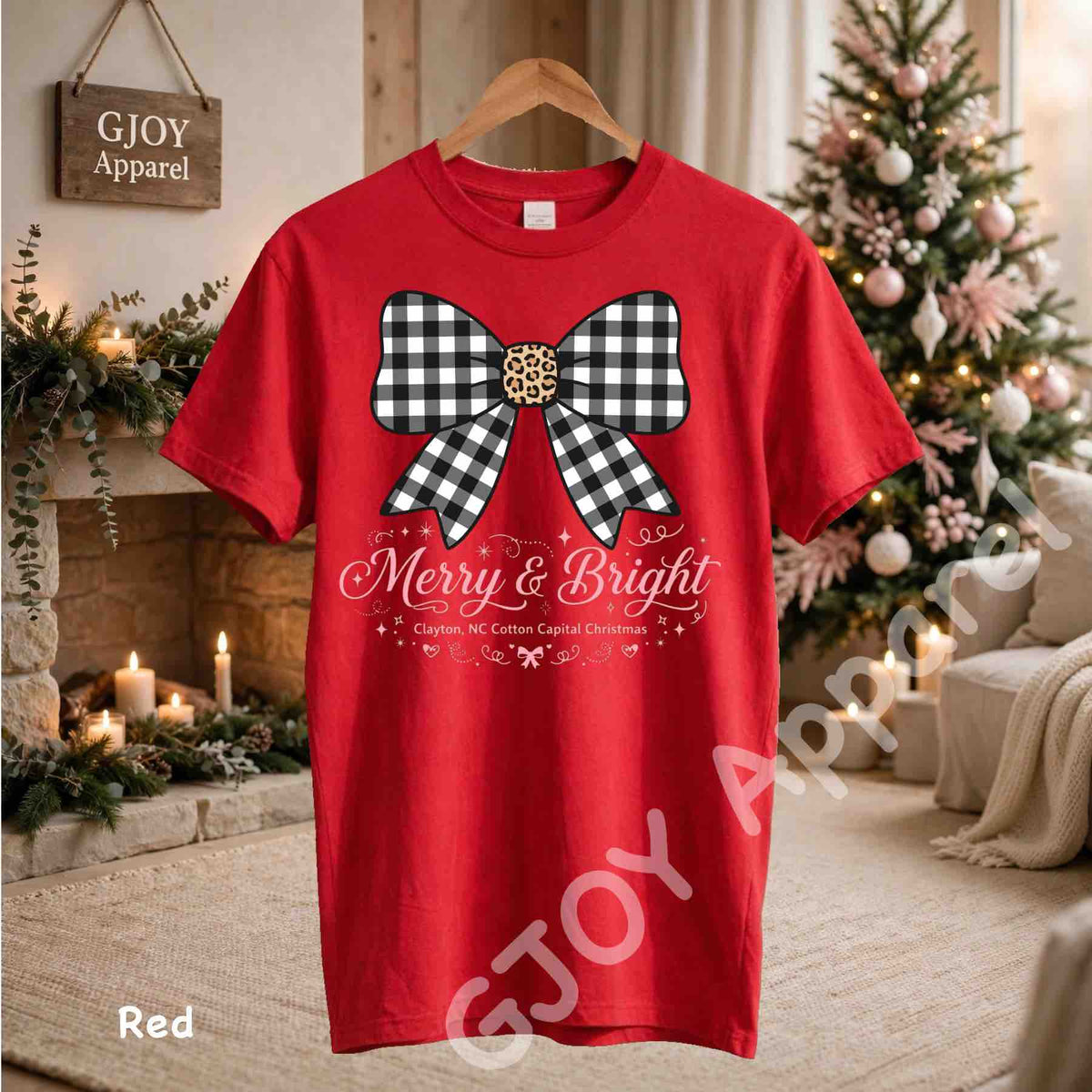 Clayton NC Cotton Capital Christmas T-Shirt - Merry and Bright Buffalo Bow - Red Gildan 5000 - Grand Print YJ