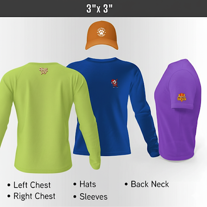 Three personalized long-sleeve shirts in green, blue, and purple with printed logos on various parts of the body, displayed against a white background.