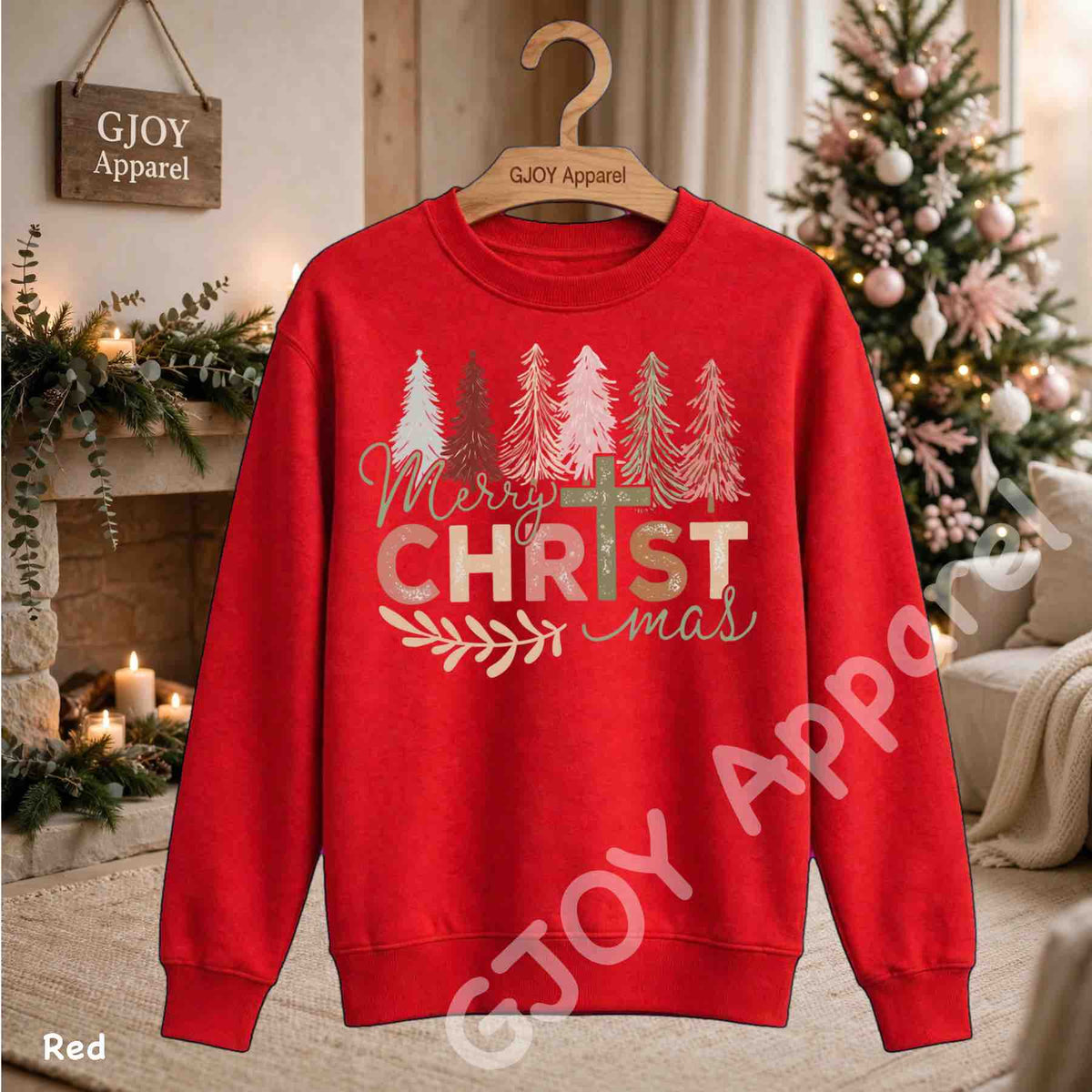 Merry Christmas Christian Sweatshirt - Jesus Cross Christmas Trees Design - Red - Grand Print YJ