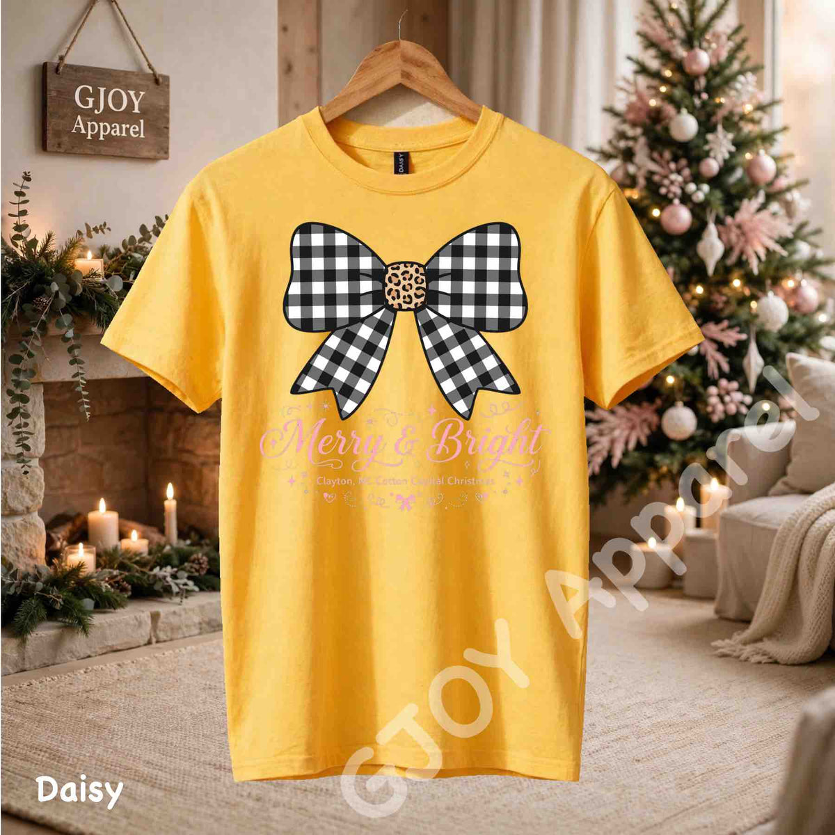 Clayton NC Cotton Capital Christmas T-Shirt - Merry and Bright Buffalo Bow - Daisy Gildan 5000 - Grand Print YJ