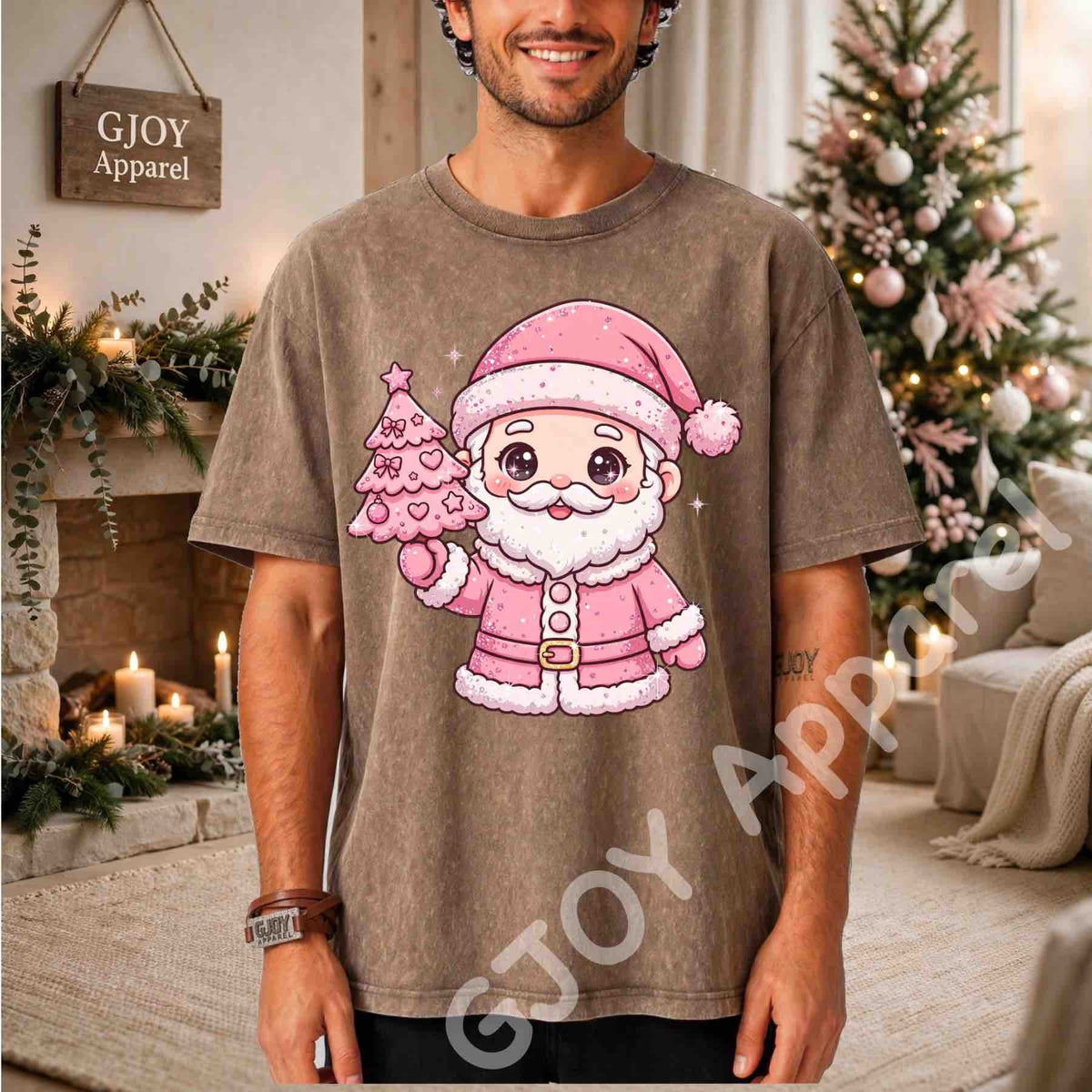 Cute Pink Santa Claus Acid Wash T-Shirt - Pink Santa Holding Christmas Tree Design - Brown - Grand Print YJ