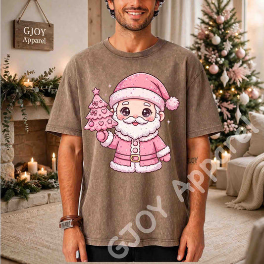 Cute Pink Santa Claus Acid Wash T-Shirt - Pink Santa Holding Christmas Tree Design - Brown - Grand Print YJ