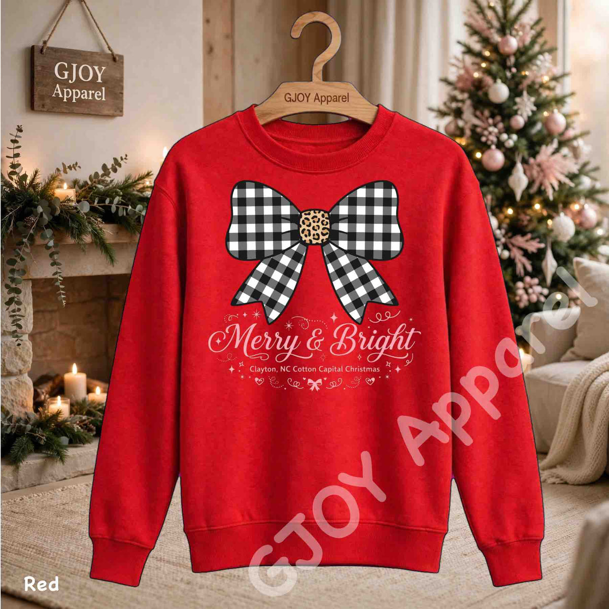 Clayton NC Cotton Capital Christmas Sweatshirt - Merry and Bright Buffalo Bow - Red - Grand Print YJ