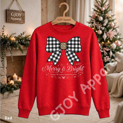Clayton NC Cotton Capital Christmas Sweatshirt - Merry and Bright Buffalo Bow - Red - Grand Print YJ