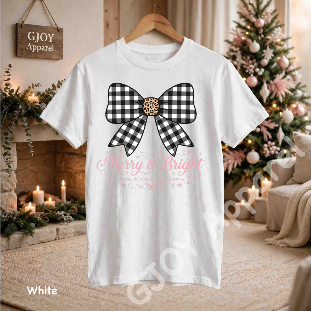 Clayton NC Cotton Capital Christmas T-Shirt - Merry and Bright Buffalo Bow - White Gildan 5000 - Grand Print YJ