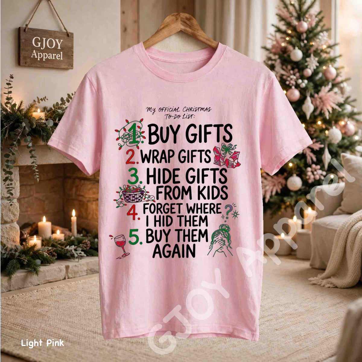 My Official Christmas Todo List T-Shirt - Funny Buy Gifts Wrap Gifts Hide Gifts From Kids Christmas Checklist Design - Light Pink Gildan 5000 - Grand Print YJ