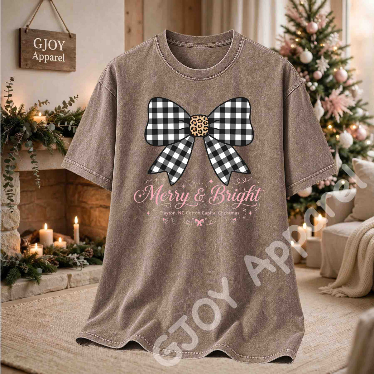 Clayton NC Cotton Capital Christmas Acid Wash T-Shirt - Merry and Bright Buffalo Bow - Brown - Grand Print YJ