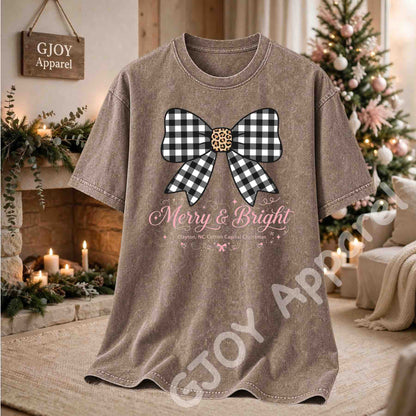 Clayton NC Cotton Capital Christmas Acid Wash T-Shirt - Merry and Bright Buffalo Bow - Brown - Grand Print YJ