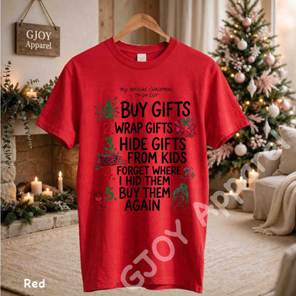 My Official Christmas Todo List T-Shirt - Funny Buy Gifts Wrap Gifts Hide Gifts From Kids Christmas Checklist Design - Red Gildan 5000 - Grand Print YJ