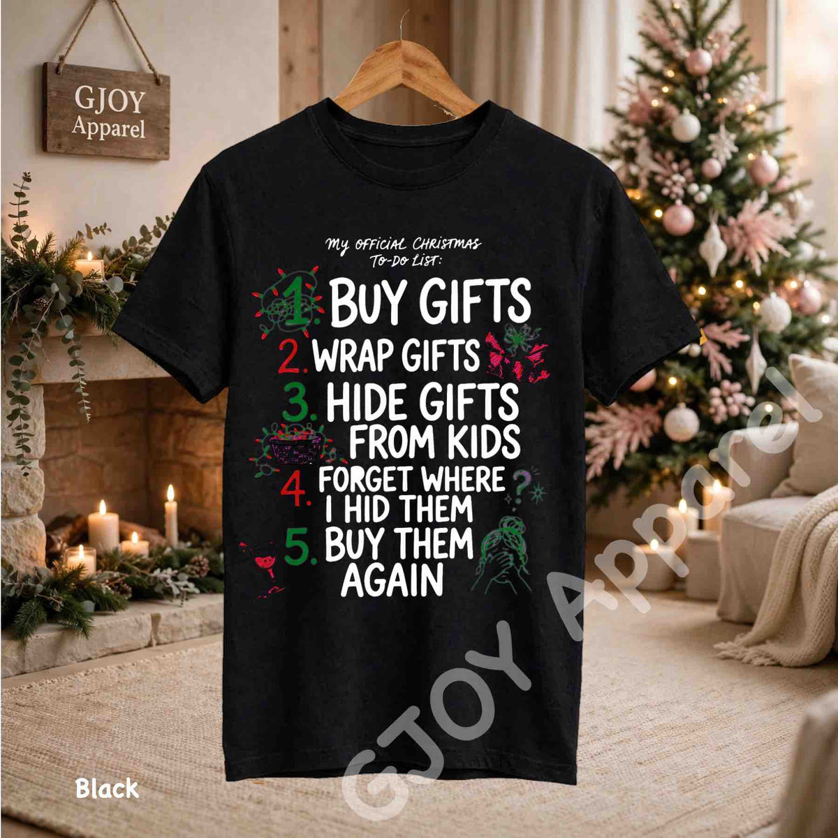 My Official Christmas Todo List T-Shirt - Funny Buy Gifts Wrap Gifts Hide Gifts From Kids Christmas Checklist Design - Black Gildan 5000 - Grand Print YJ