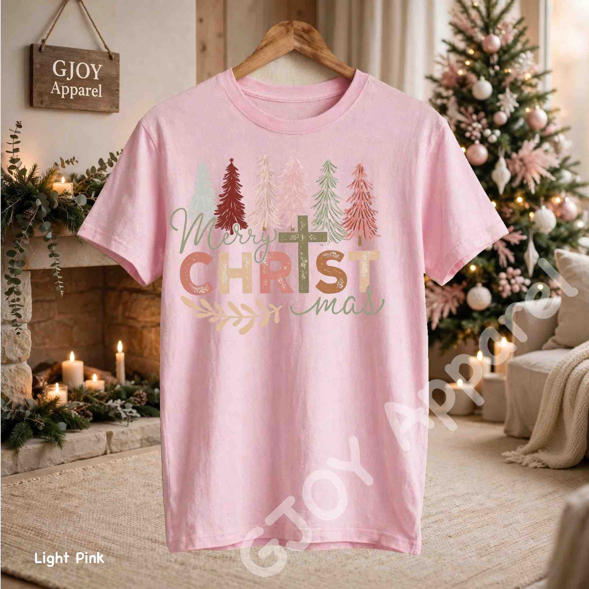 Merry Christmas Christian T-Shirt - Jesus Cross Christmas Trees Design - Light Pink Gildan 5000 - Grand Print YJ