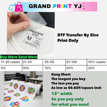 Advertisement for Grand Print YJ DTF transfer service with pricing table and promotional text.