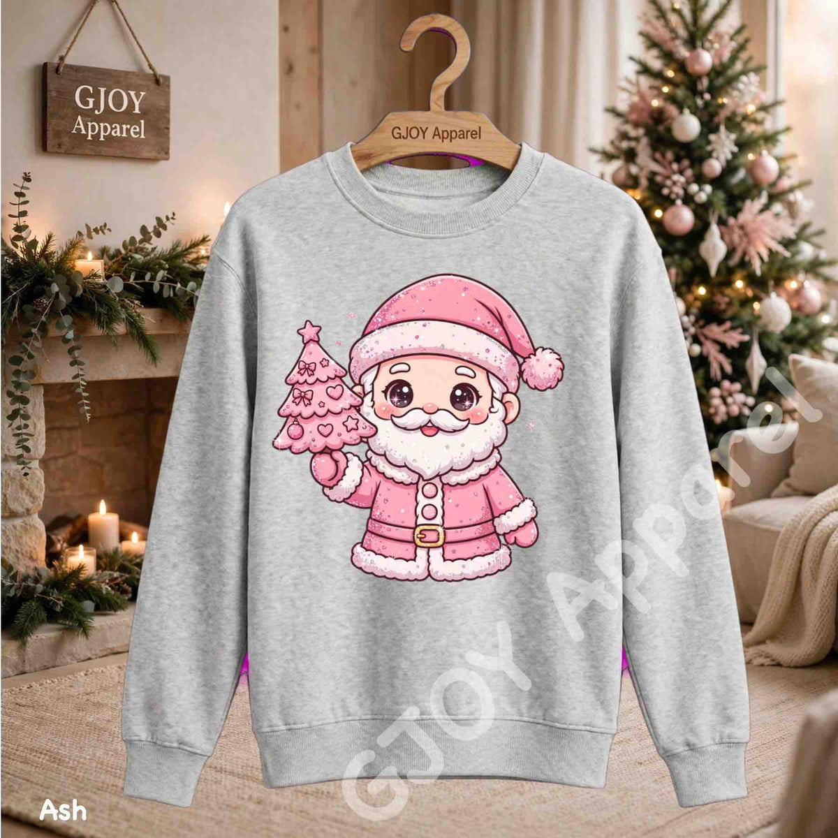 Cute Pink Santa Claus Sweatshirt - Pink Santa Holding Christmas Tree Design - Ash - Grand Print YJ
