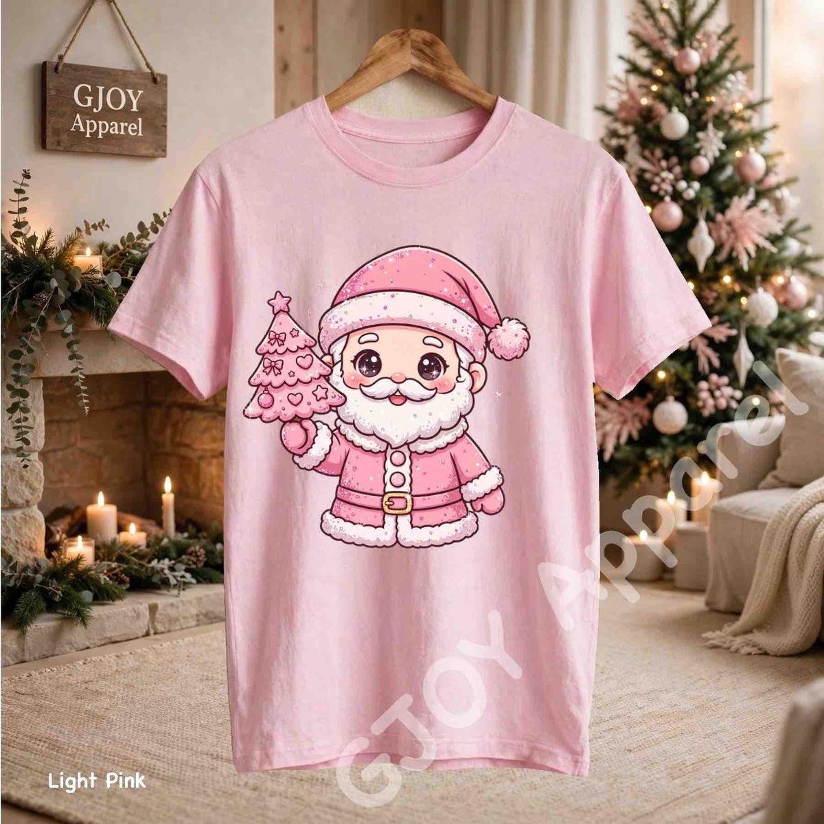 Cute Pink Santa Claus T-Shirt - Pink Santa Holding Christmas Tree Design - Light Pink Gildan 5000 - Grand Print YJ