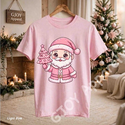 Cute Pink Santa Claus T-Shirt - Pink Santa Holding Christmas Tree Design - Light Pink Gildan 5000 - Grand Print YJ