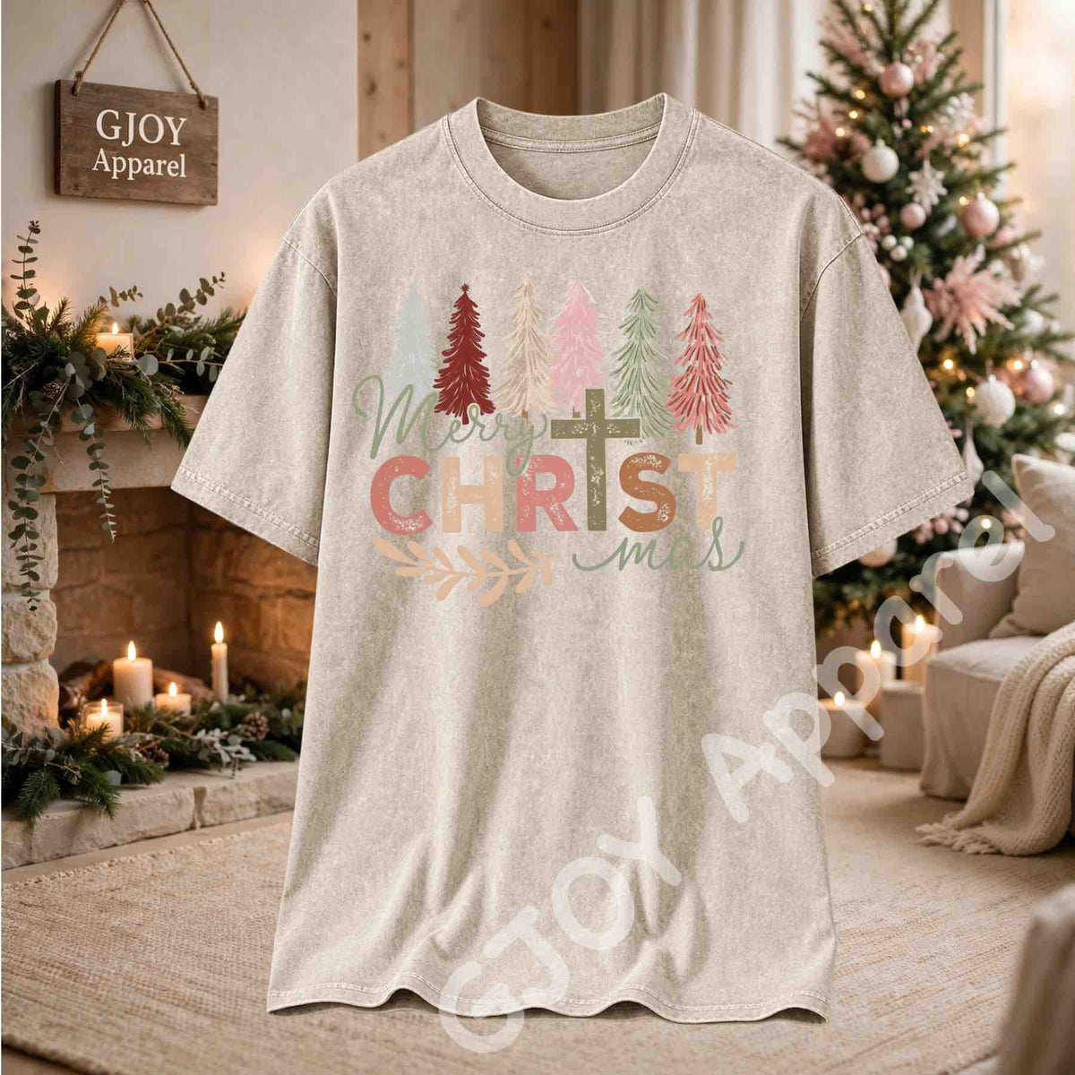 Merry Christmas Christian Acid Wash T-Shirt - Jesus Cross Christmas Trees Design - Beige - Grand Print YJ