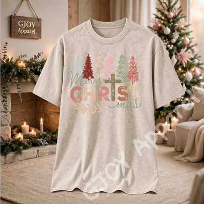 Merry Christmas Christian Acid Wash T-Shirt - Jesus Cross Christmas Trees Design - Beige - Grand Print YJ
