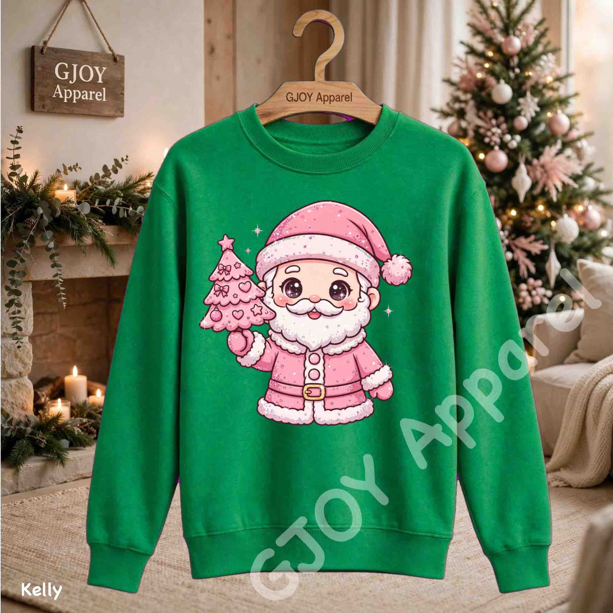 Cute Pink Santa Claus Sweatshirt - Pink Santa Holding Christmas Tree Design - Kelly - Grand Print YJ