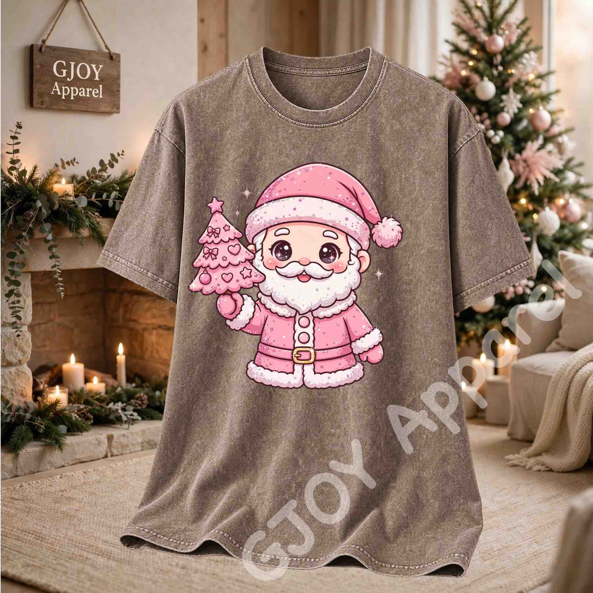 Cute Pink Santa Claus Acid Wash T-Shirt - Pink Santa Holding Christmas Tree Design - Brown - Grand Print YJ