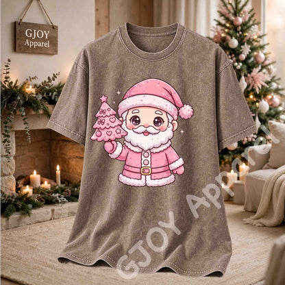 Cute Pink Santa Claus Acid Wash T-Shirt - Pink Santa Holding Christmas Tree Design - Brown - Grand Print YJ