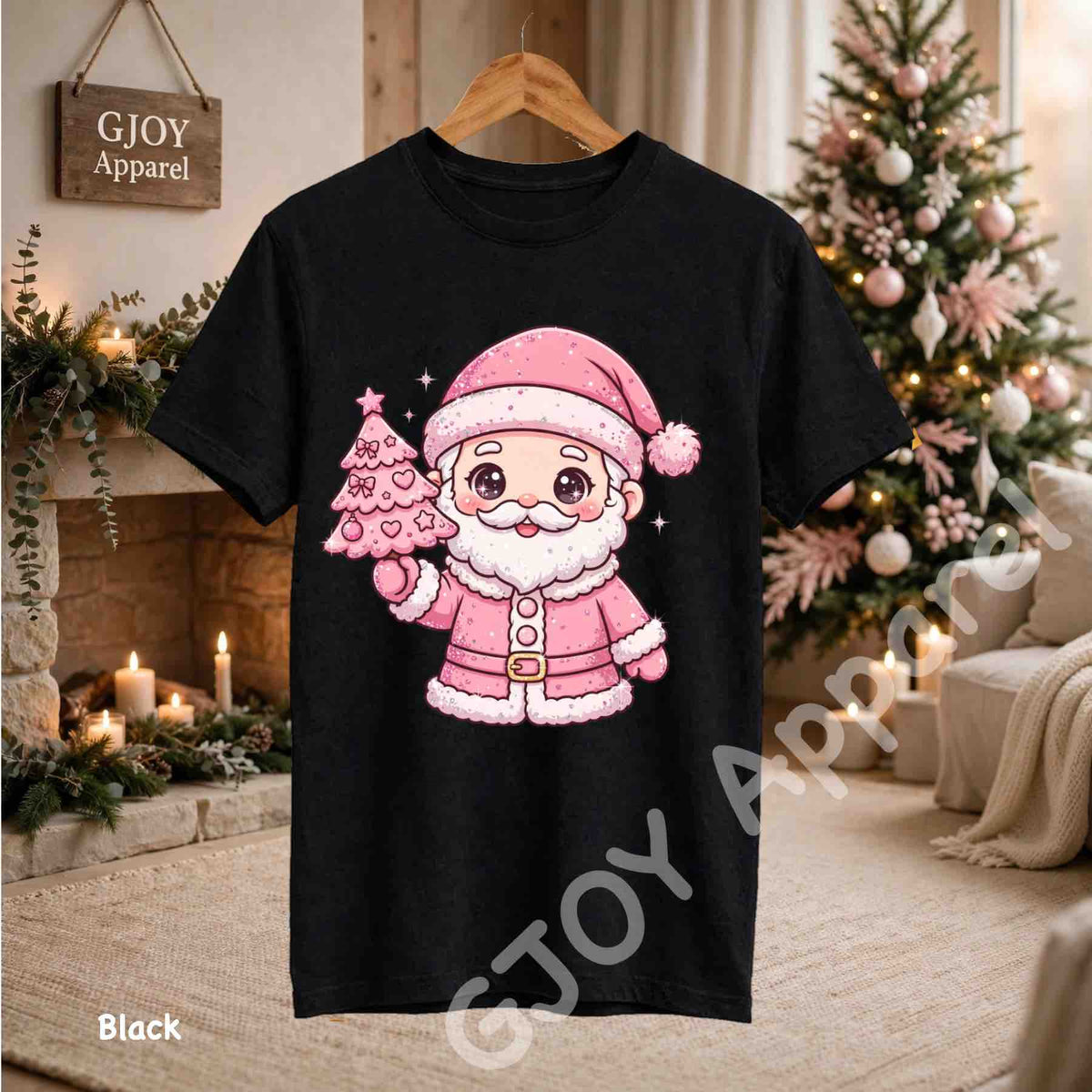 Cute Pink Santa Claus T-Shirt - Pink Santa Holding Christmas Tree Design - Black Gildan 5000 - Grand Print YJ