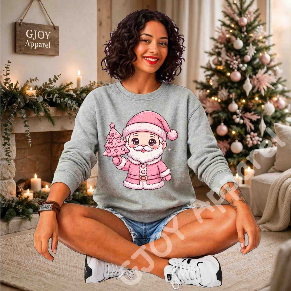 Cute Pink Santa Claus Christmas Sweatshirt - Pink Santa Holding Christmas Tree Design - Grand Print YJ