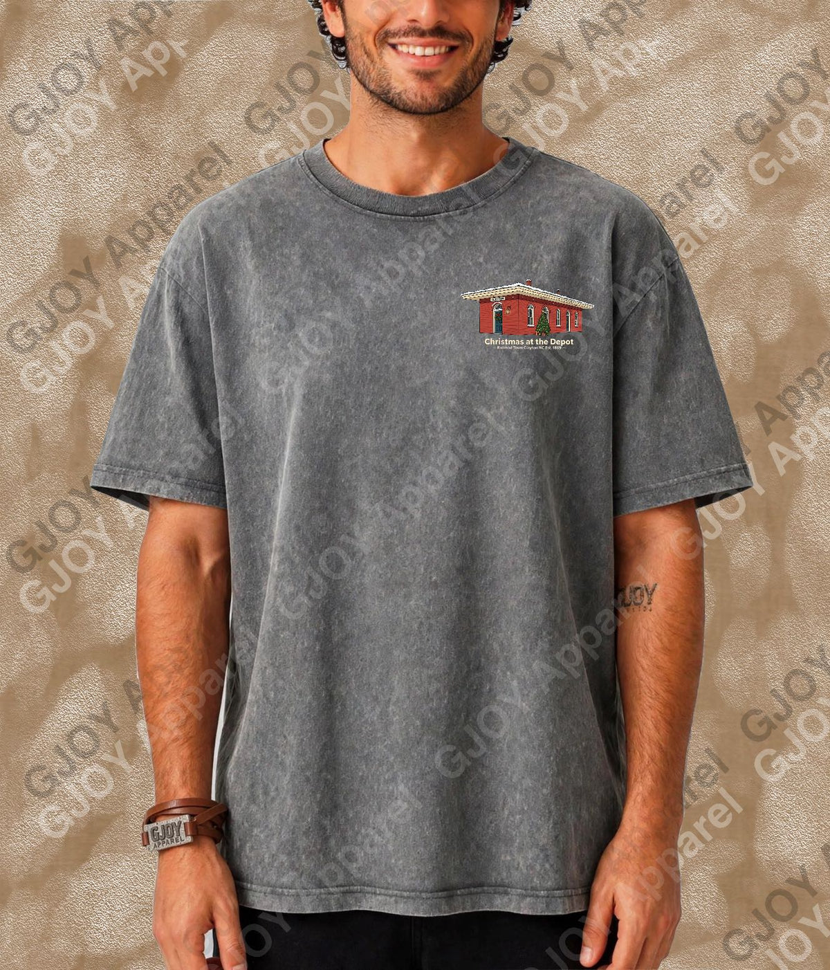 Christmas at the depot - Vintage Acid Wash T-Shirt | Railroad Town Clayton Unisex Oversized Graphic Tee