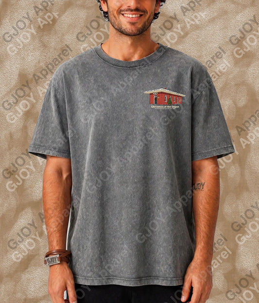 Christmas at the depot - Vintage Acid Wash T-Shirt | Railroad Town Clayton Unisex Oversized Graphic Tee