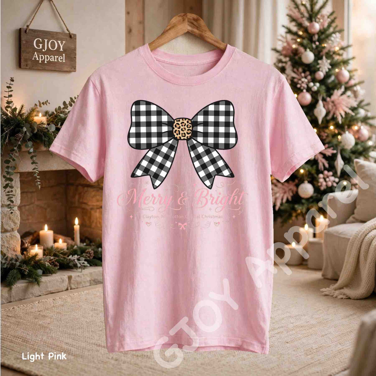 Clayton NC Cotton Capital Christmas T-Shirt - Merry and Bright Buffalo Bow - Light Pink Gildan 5000 - Grand Print YJ