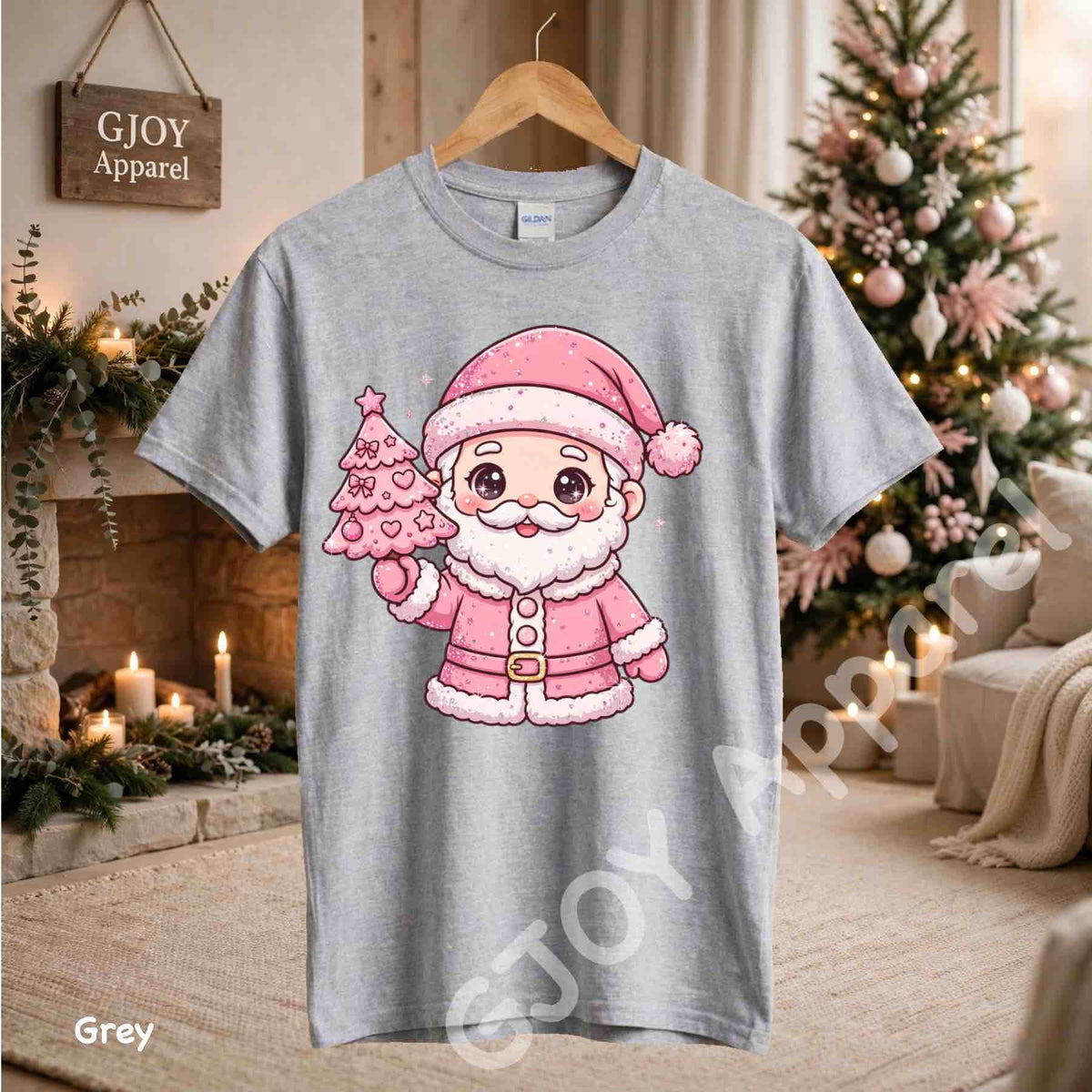 Cute Pink Santa Claus T-Shirt - Pink Santa Holding Christmas Tree Design - Grey Gildan 5000 - Grand Print YJ