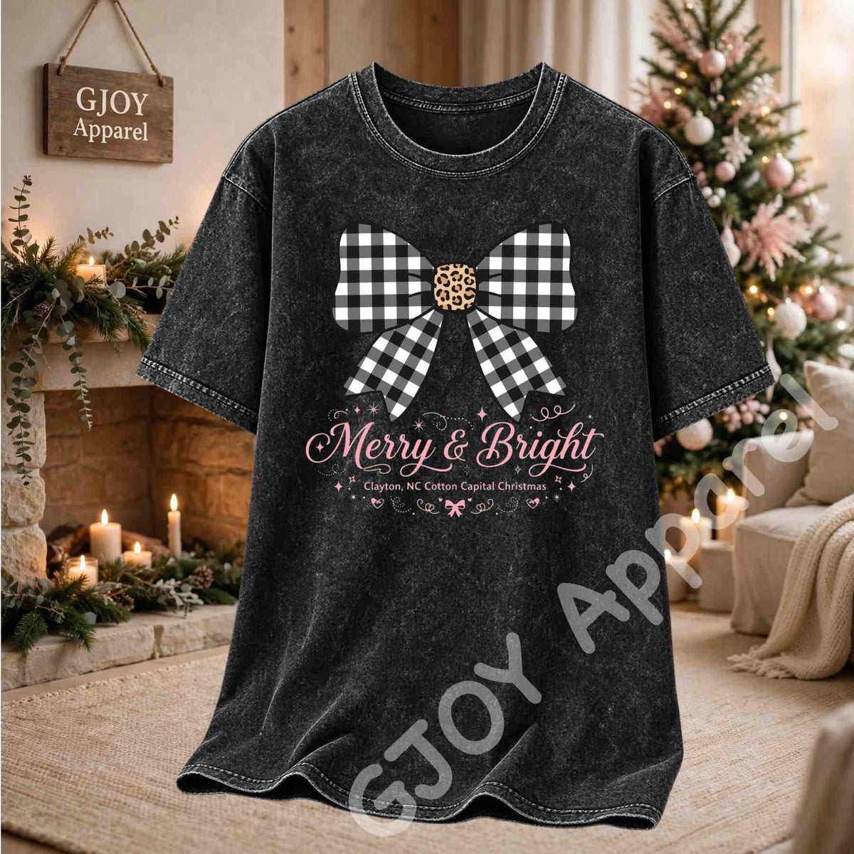 Clayton NC Cotton Capital Christmas Acid Wash T-Shirt - Merry and Bright Buffalo Bow - Vintage Black - Grand Print YJ