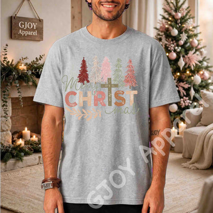 Merry Christmas Christian T-Shirt - Jesus Cross Christmas Trees Design - Grey Gildan 5000 - Grand Print YJ