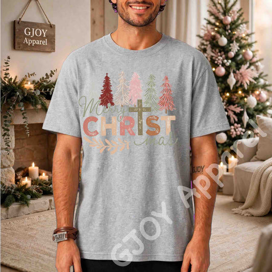 Merry Christmas Christian T-Shirt - Jesus Cross Christmas Trees Design - Grey Gildan 5000 - Grand Print YJ