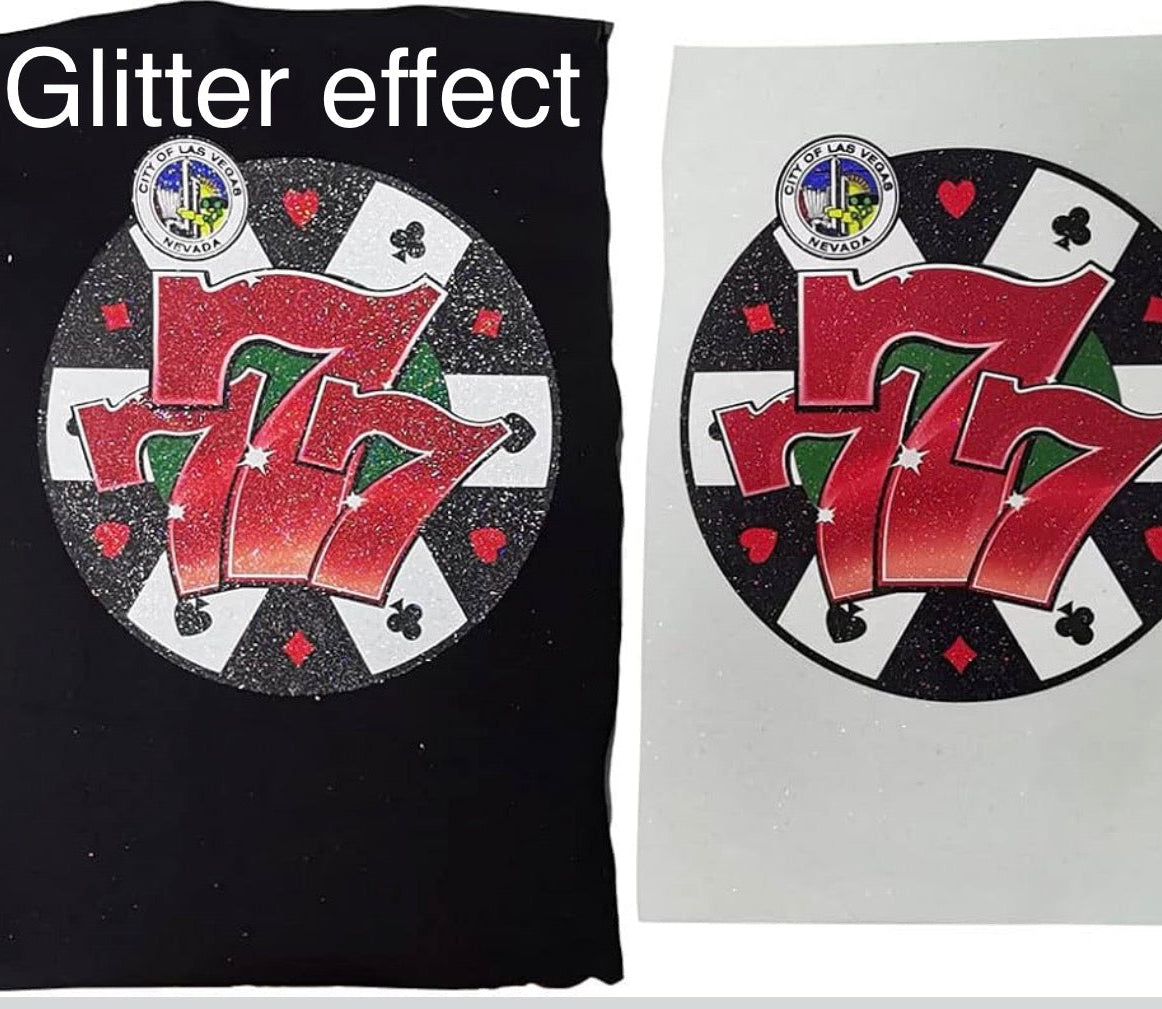 Two circular designs with '7' symbols on a black and white background, one with glitter effect.
