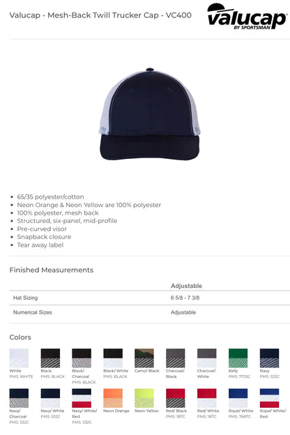 Personalized Mesh-Back Twill Trucker Cap - Valucap VC400
