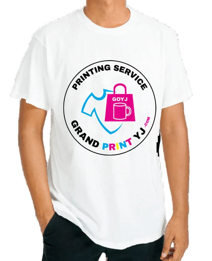 White t-shirt with a logo and text on a white background