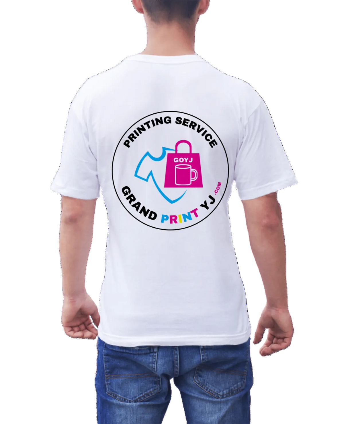 White t-shirt with 'Grand Print YJ' logo on the back, worn by a person.
