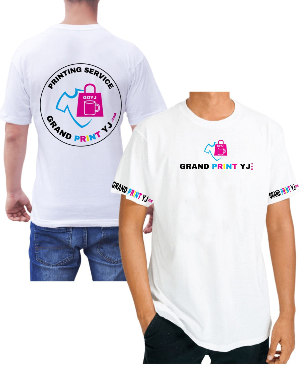 Two people wearing white t-shirts with 'Grand Print YJ' logo on a white background. Two people waring white t-shirt showing possibilities of customizing the t-shirt with four prints : Full back + Upper chest + Both short sleeves 