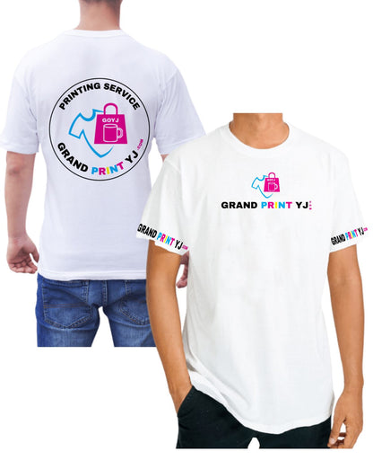 Two people wearing white t-shirts with 'Grand Print YJ' logo on a white background. Two people waring white t-shirt showing possibilities of customizing the t-shirt with four prints : Full back + Upper chest + Both short sleeves 