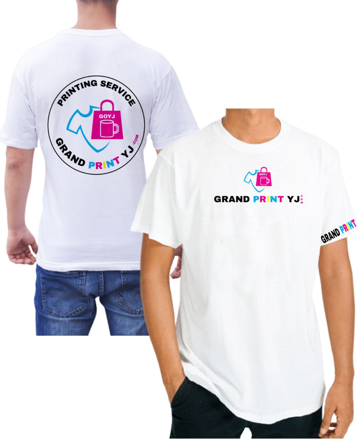 Two people wearing white t-shirts with 'Grand Print YJ' logo on a white background. Two people waring white t-shirt showing possibilities of customizing the t-shirt with four prints : Full back + upper chest + left sleeve