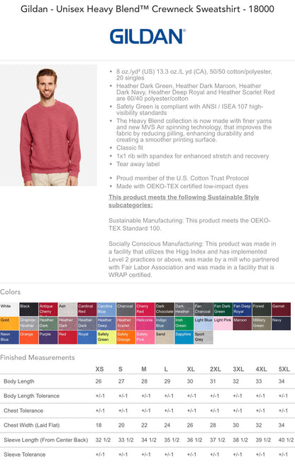Gildan Unisex Heavy Blend Crewneck Sweatshirt product page with color options and specifications.