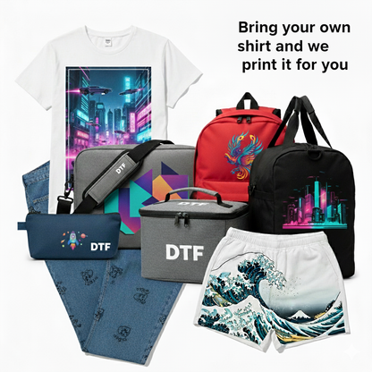 Collection of personalized merchandise including t-shirts, bags, and shorts with various designs.