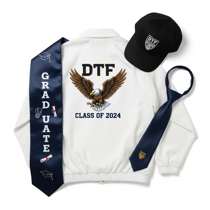 Graduation-themed items including a white jacket with an eagle design, black cap, navy sash, and tie on a white background.