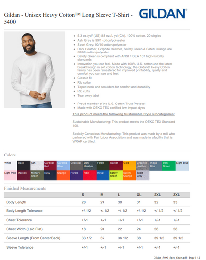 Gildan Unisex Heavy Cotton long sleeve t-shirt product page with color options and size chart.