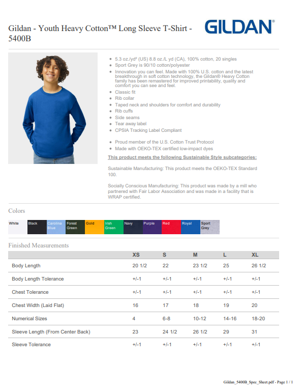 Gildan youth long sleeve t-shirt product page with a model wearing a blue shirt.